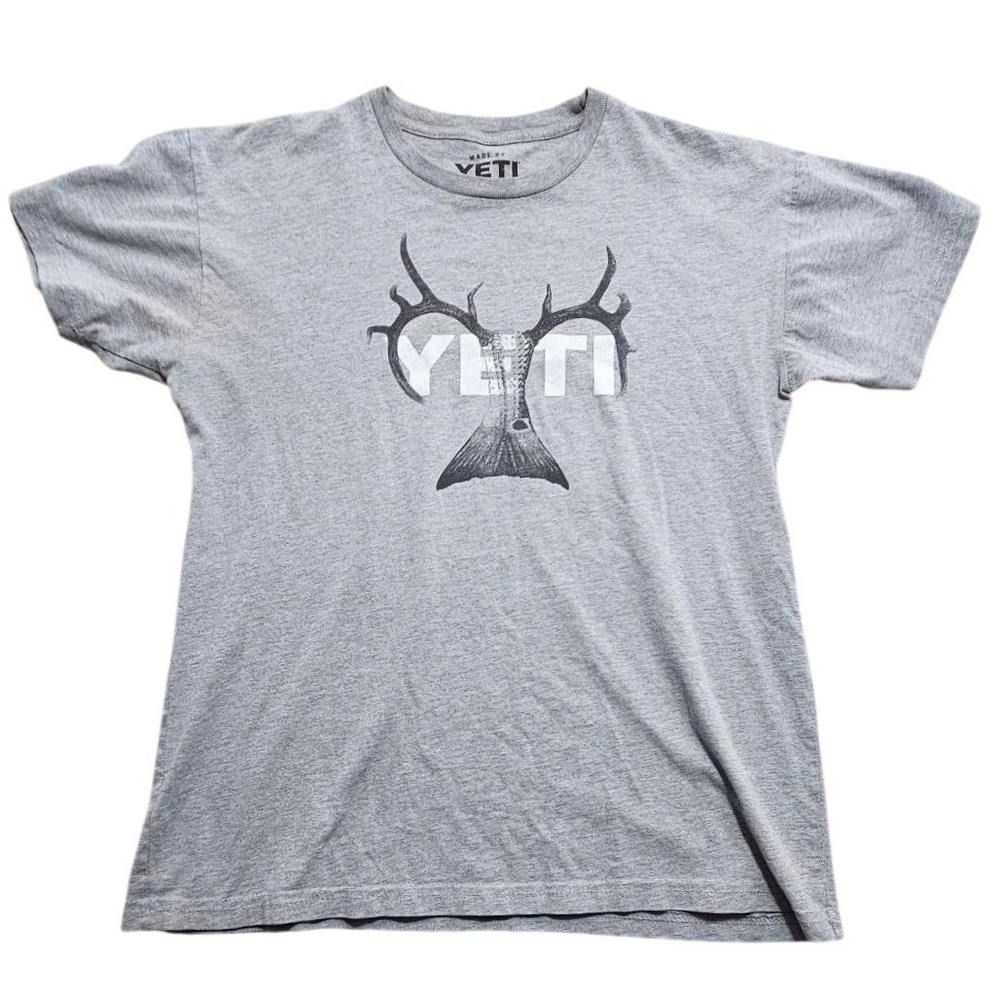 YETI Mens‎ Graphic T-Shirt Gray Elk Antler Fish Tail Logo Short Sleeve Medium